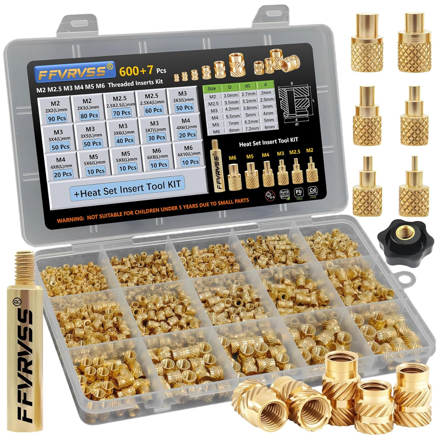 600 Pc Brass Threaded Inserts M2-M6 Heat Set Insert Tool Kit