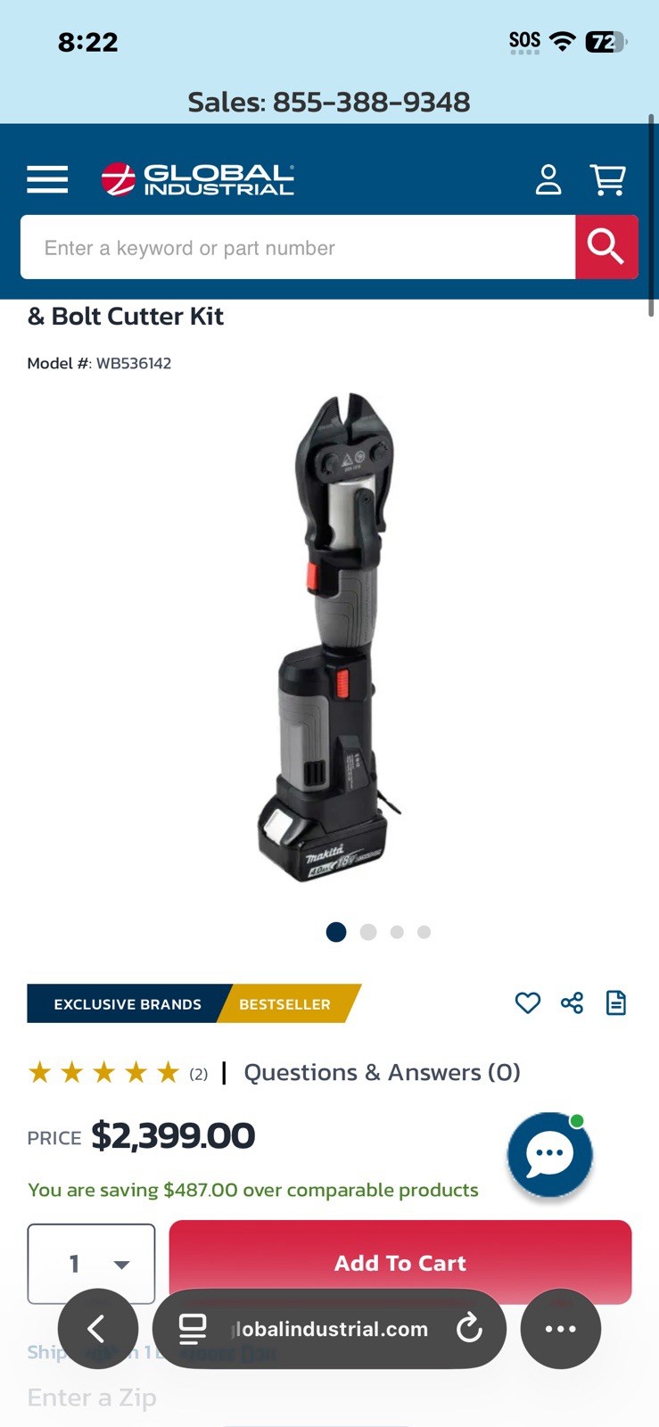 Global Industrial Battery Powered 3/8 inch Bolt Cutter