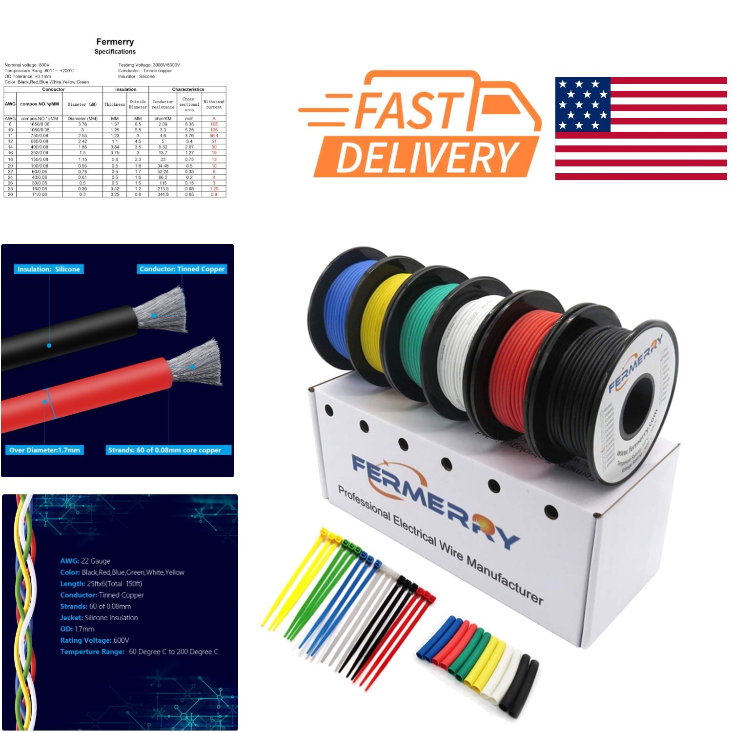 22 Gauge Silicone Hook Up Wire 25 Feet Each in Yellow Blue Green Red Black White