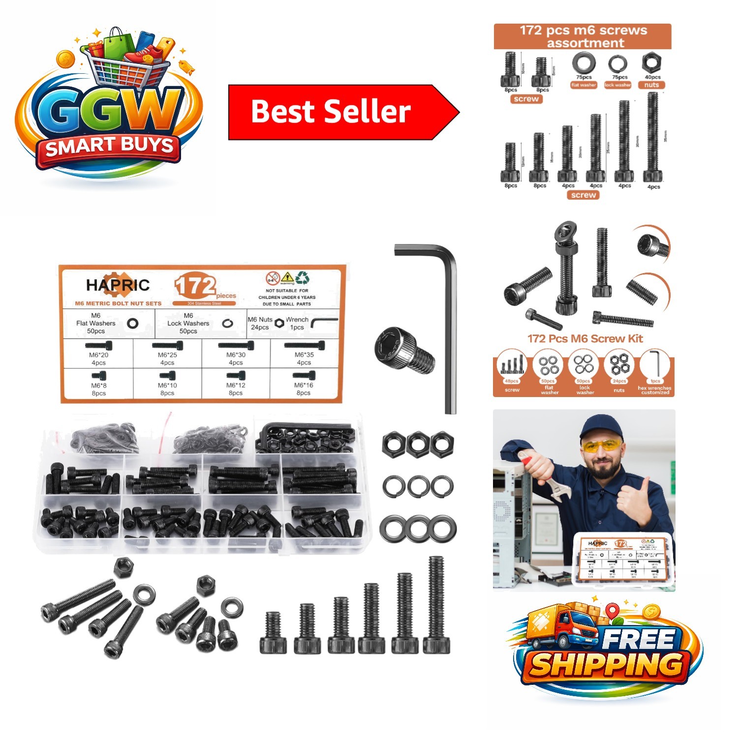 Complete 172-Pcs M6 Bolts Assortment: Black Zinc Plated Steel for Durability