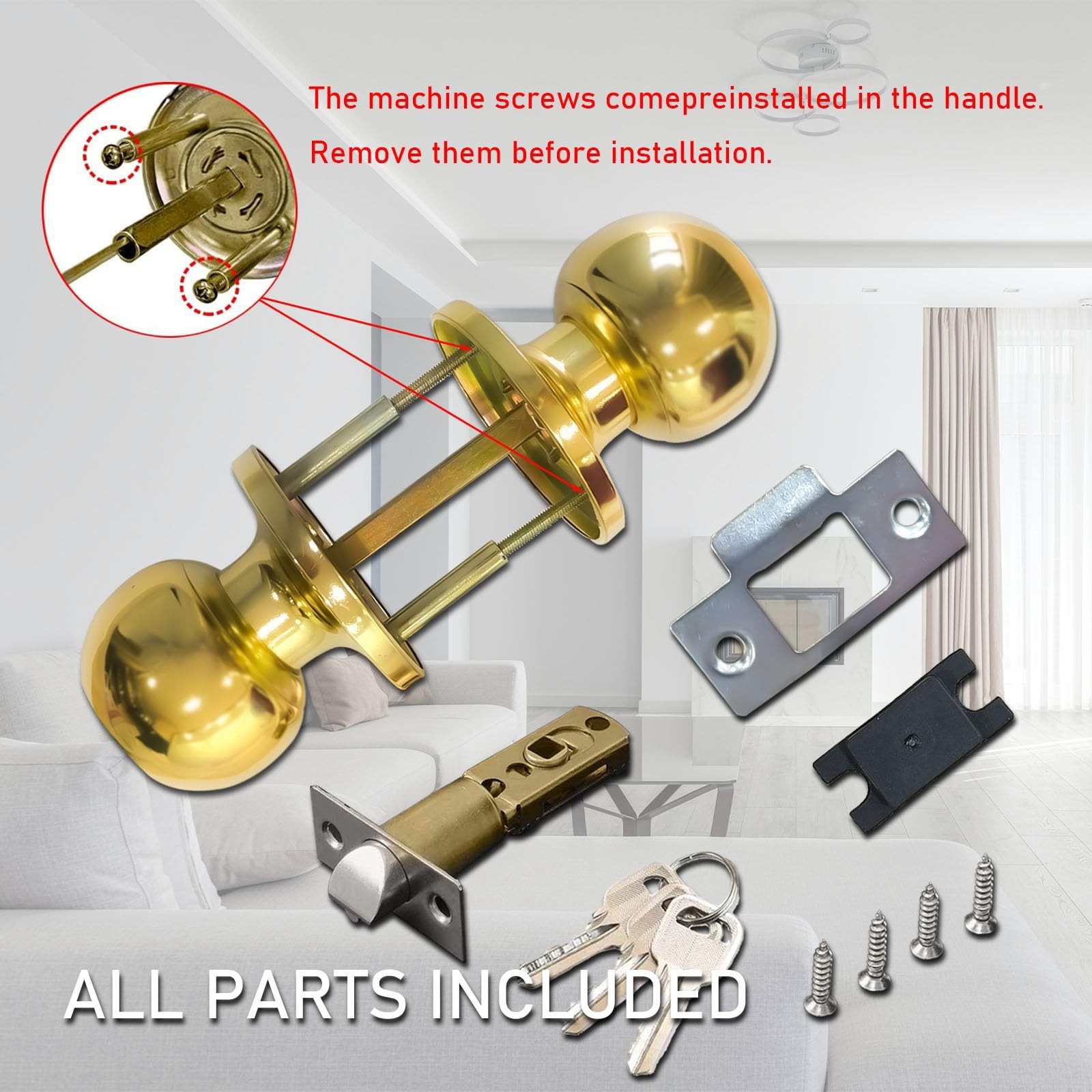 Gold Door Knobs with Lock and Keys, Interior and Exterior Door Lock, Standard…