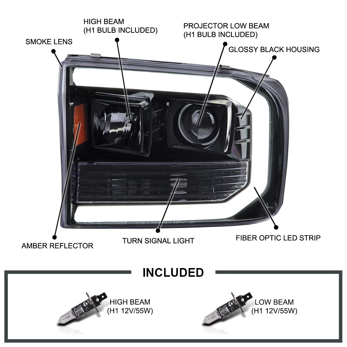 Glossy Black Smoke LED Tube Projector Headlights 99-04 Ford F250 F350 F450 Set