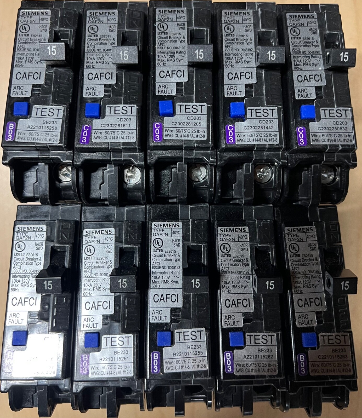 LOT OF 10 SIEMENS QA115AFCN 15A AFCI PLUG ON NEUTRAL (NO PIGTAIL WIRE) NEW
