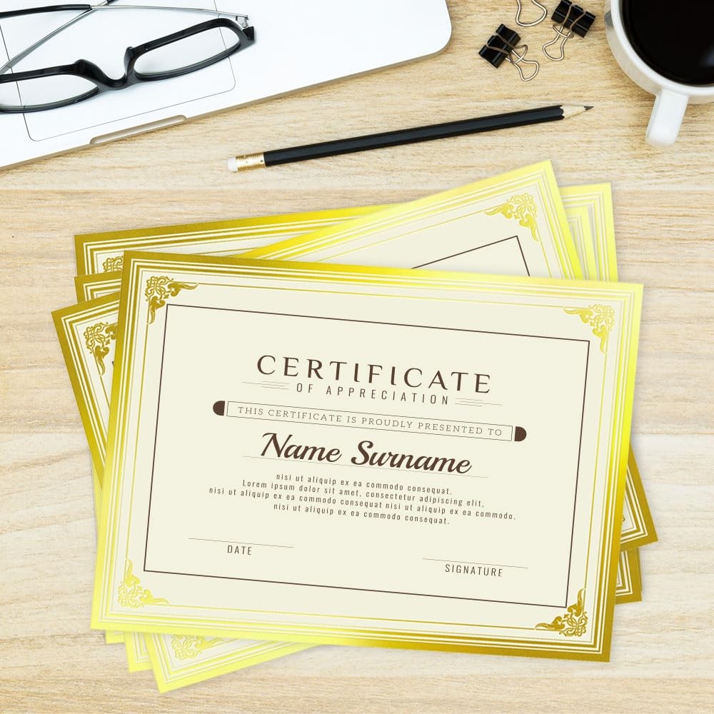 50 Sheets Certificate Papers – Blank Gold Foil Border, Letter Size 8.5×11 for…