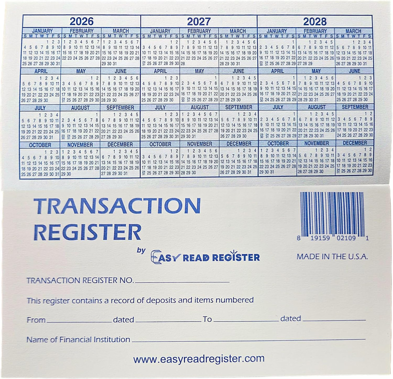 Checkbook Registers 2026 2027 2028 Calendars Made in USA 6×3 Inches 12 Pouches