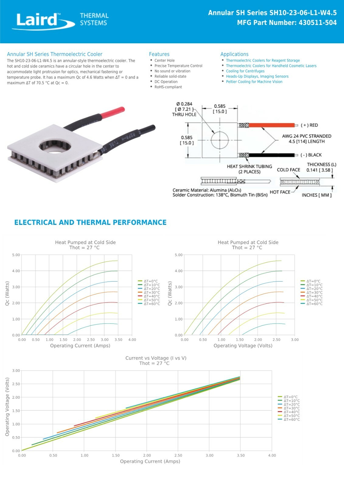 Qty: 3 Laird Thermoelectric Peltier Module 15 x 15 x 3.6 mm + 7mm Hole laser TEC