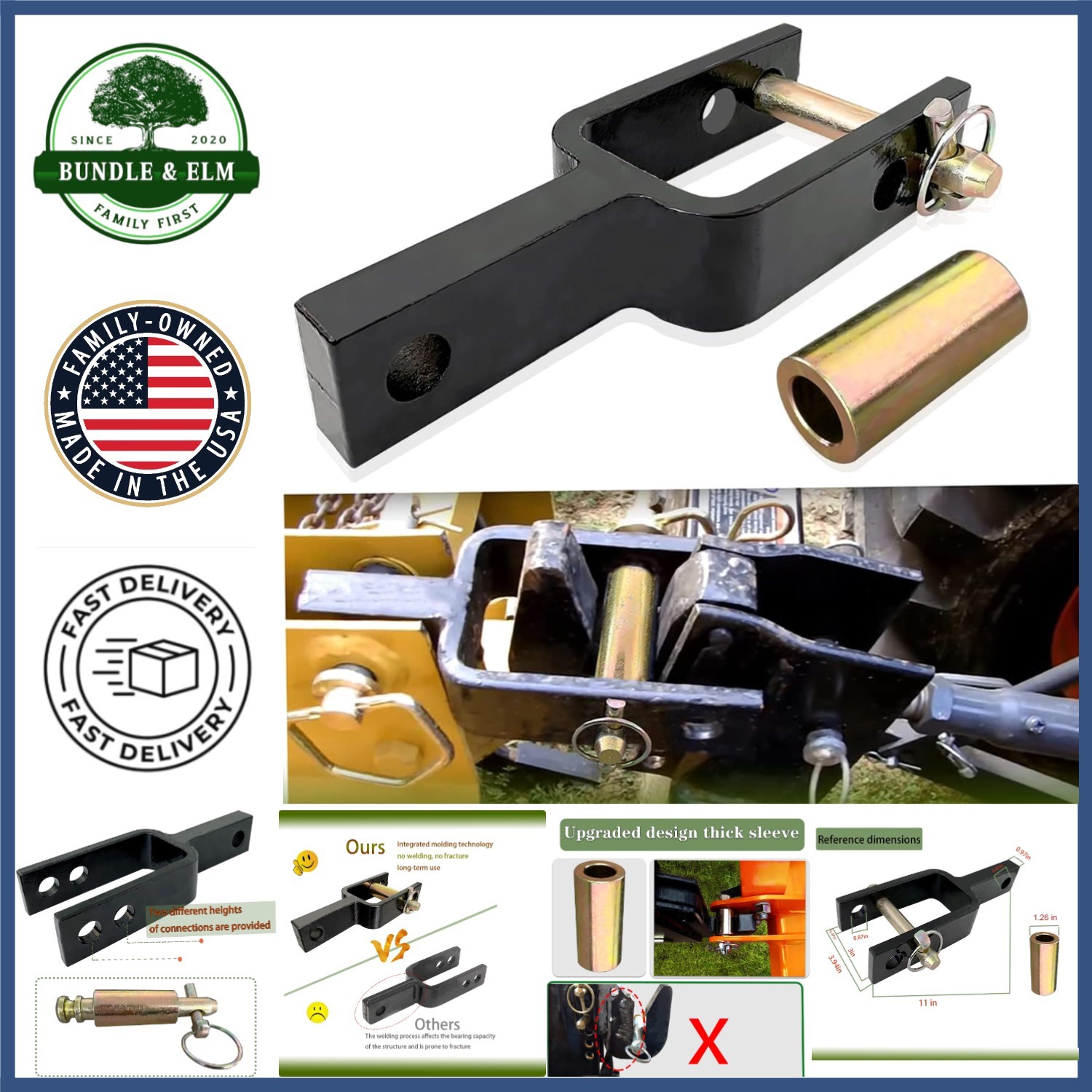 Quick Hitch Adapter with Adjustable Sleeve for Category 1 Tractors and Equipment