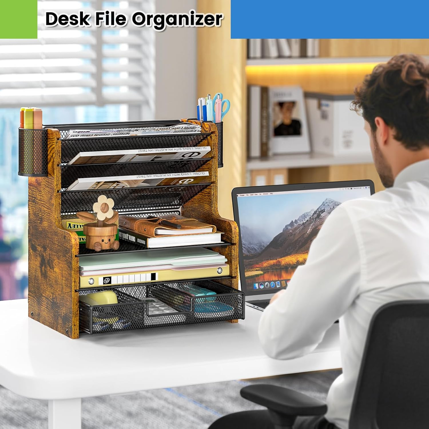 6-Tier Mesh Desk Organizer with Drawer, Wooden Office Organizer for Papers, Fold