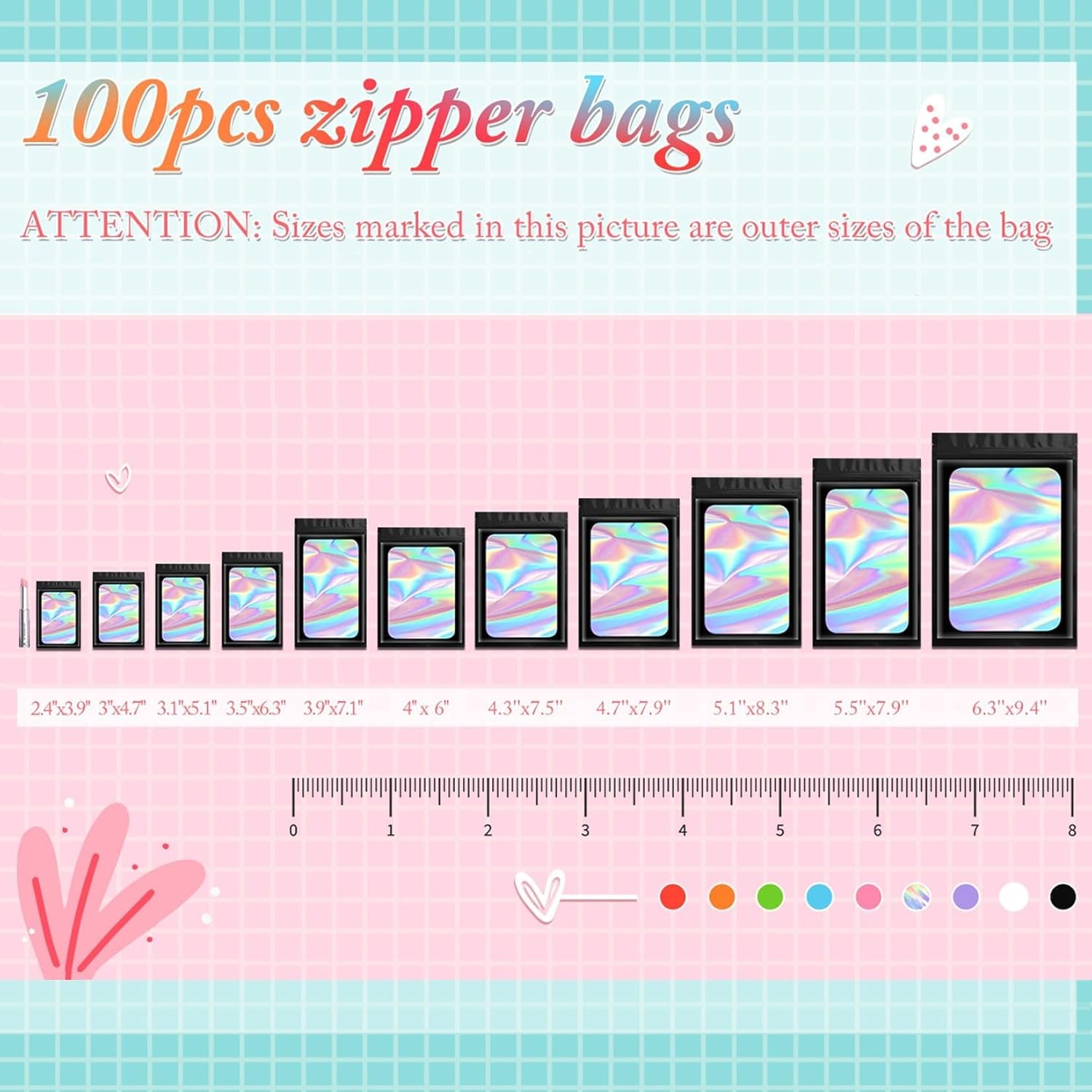 Funfery 100 pcs Black Mylar Holographic Resealable Bags,Clear Packaging Bag Odor