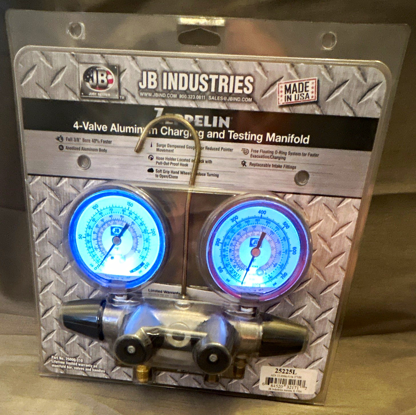 JB Industries Zeppelin 4-Valve Aluminum Manifold Gauge, Charge/Test R-22 R-410A