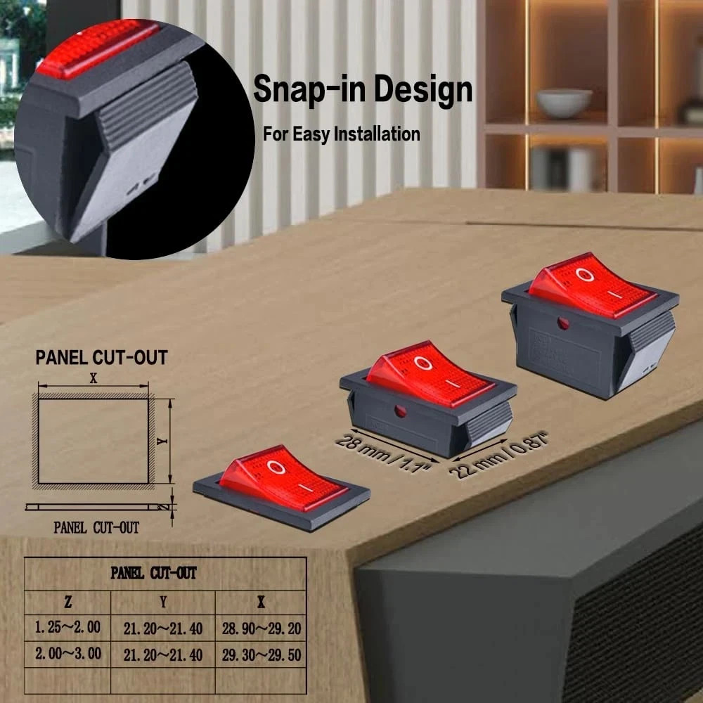 2 Pcs Rocker Switch DPST 4 Pins 2 Position on off Red LED Light 20A 125V 16A 250