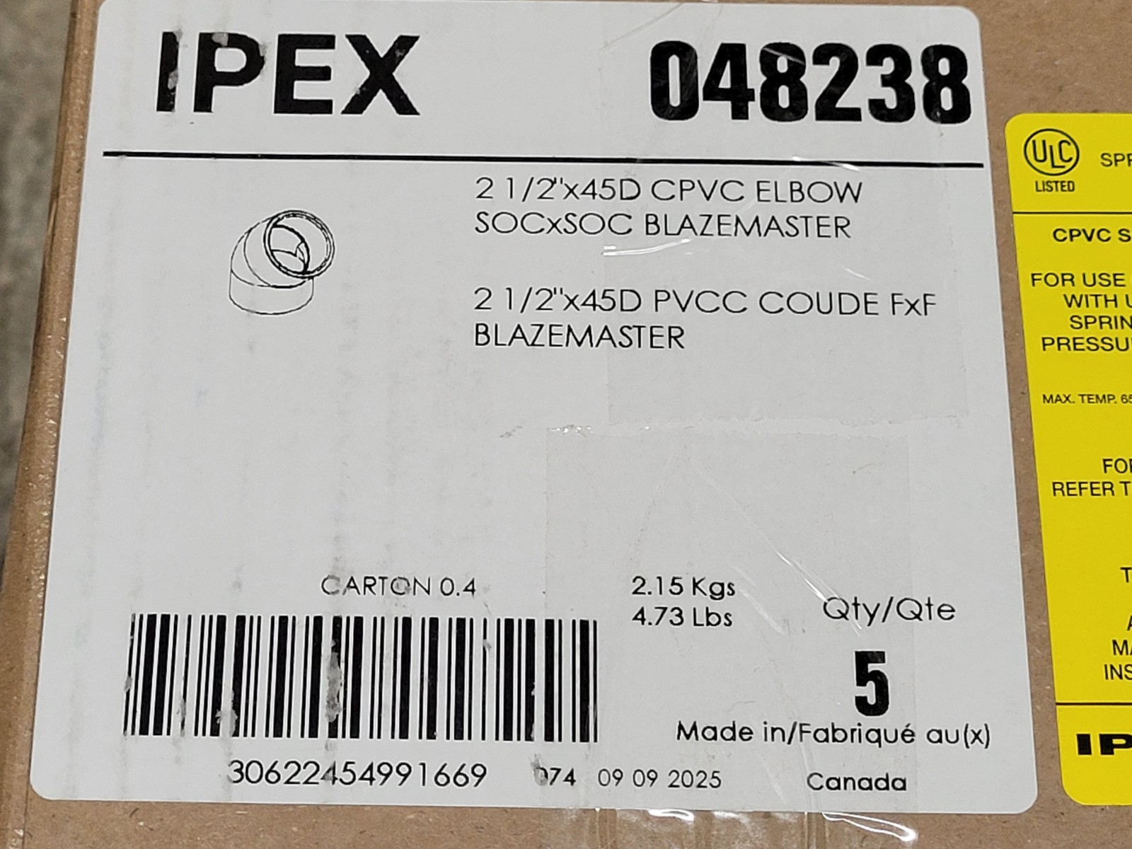 5 Pieces IPEX BlazeMaster 2 1/2’x45D CPVC ELBOW (048238)