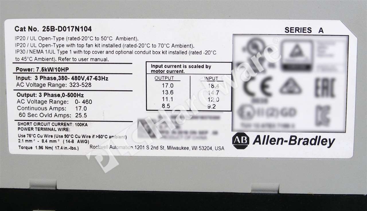 Allen Bradley 25B-D017N104 Ser A PowerFlex 525 480V 3-Phase 17A 7.5kW AC Drive
