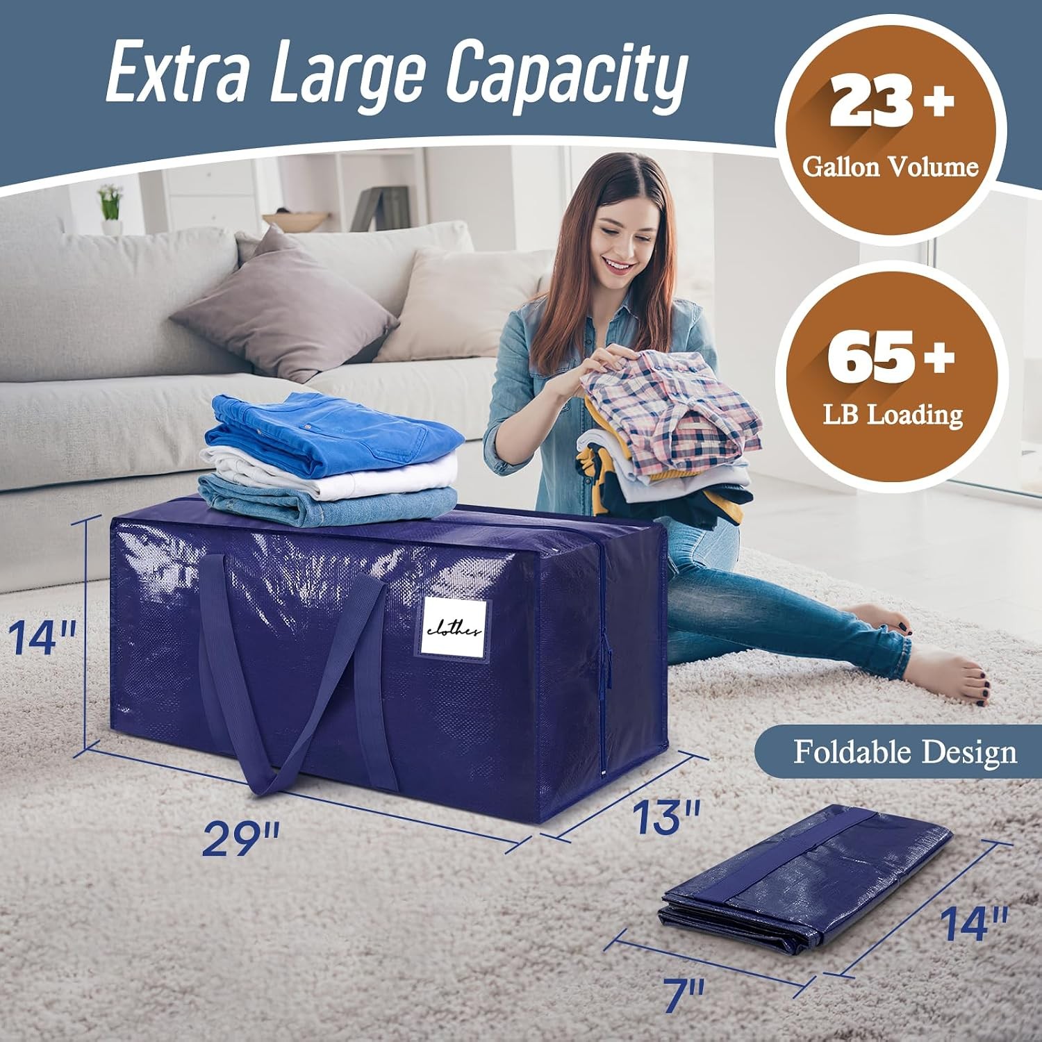 6 Pack Extra Heavy Duty Large Moving Bags with Strong Zipper, Dark Blue |…
