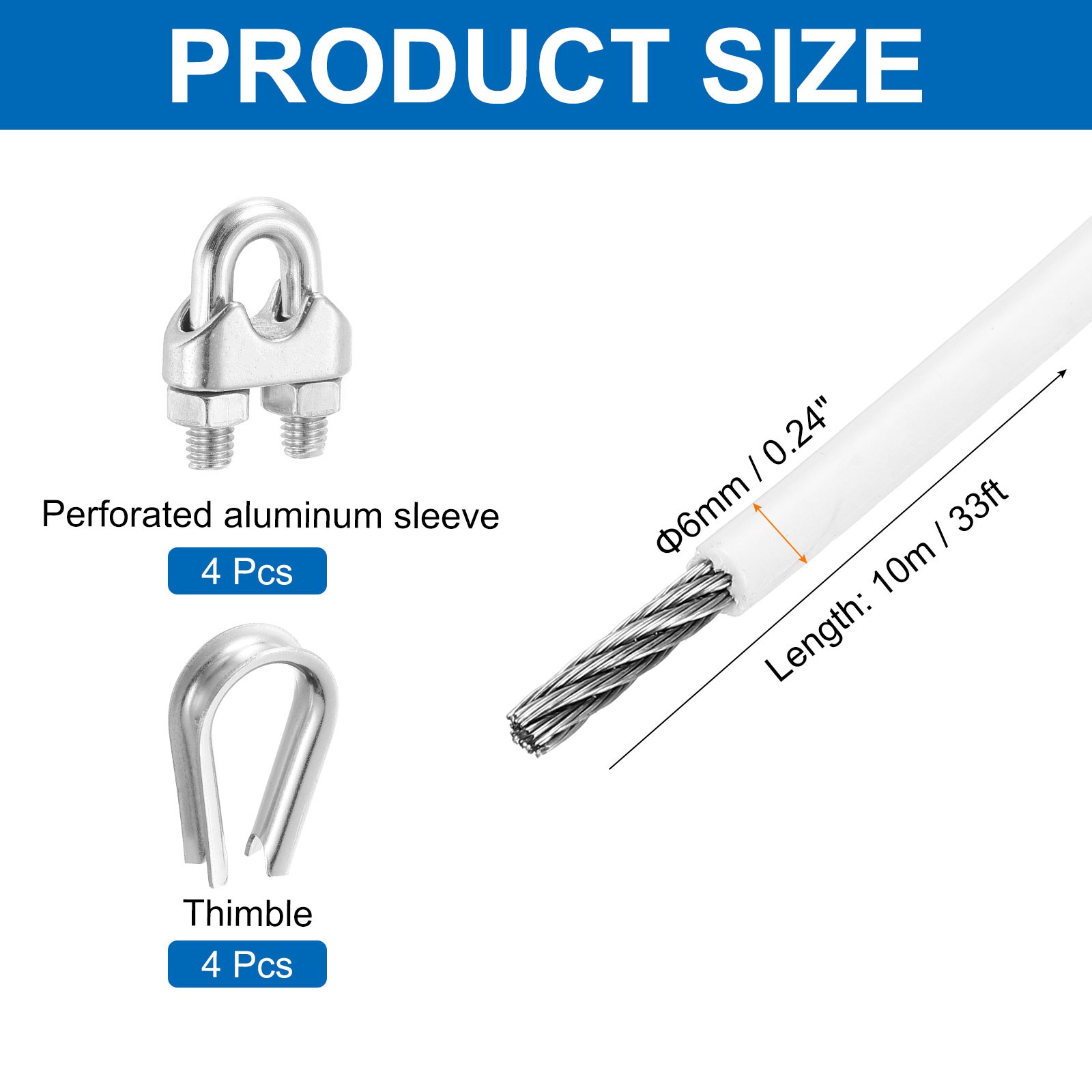 33Ft(10M) Wire Rope Stainless Steel Cable 1/4″ 4pcs Screw Chuck & Thimble White
