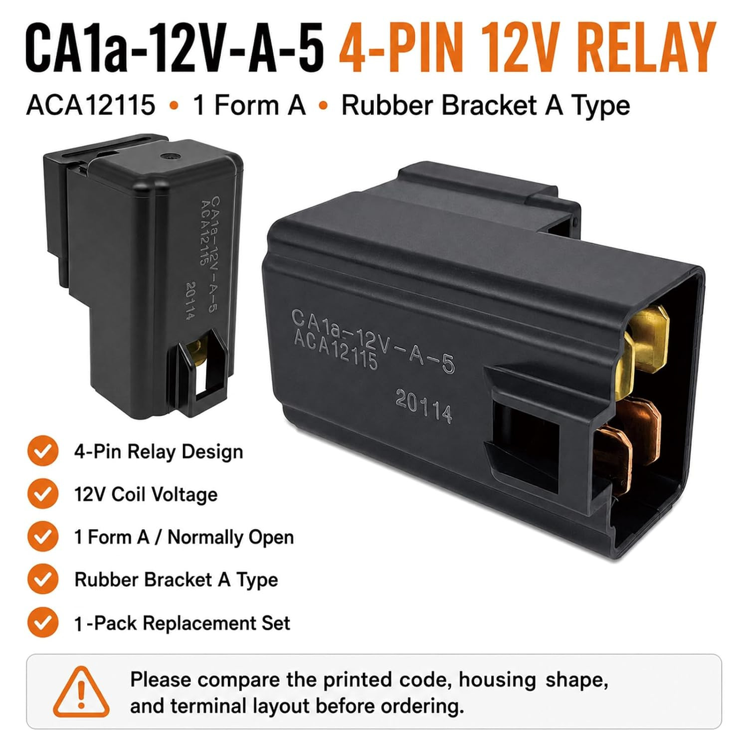 Ca1A-12V-A-5 ACA12115 Relay 12V 30A 4-Pin 1 Form a (1-Pack) | Compatible with Se