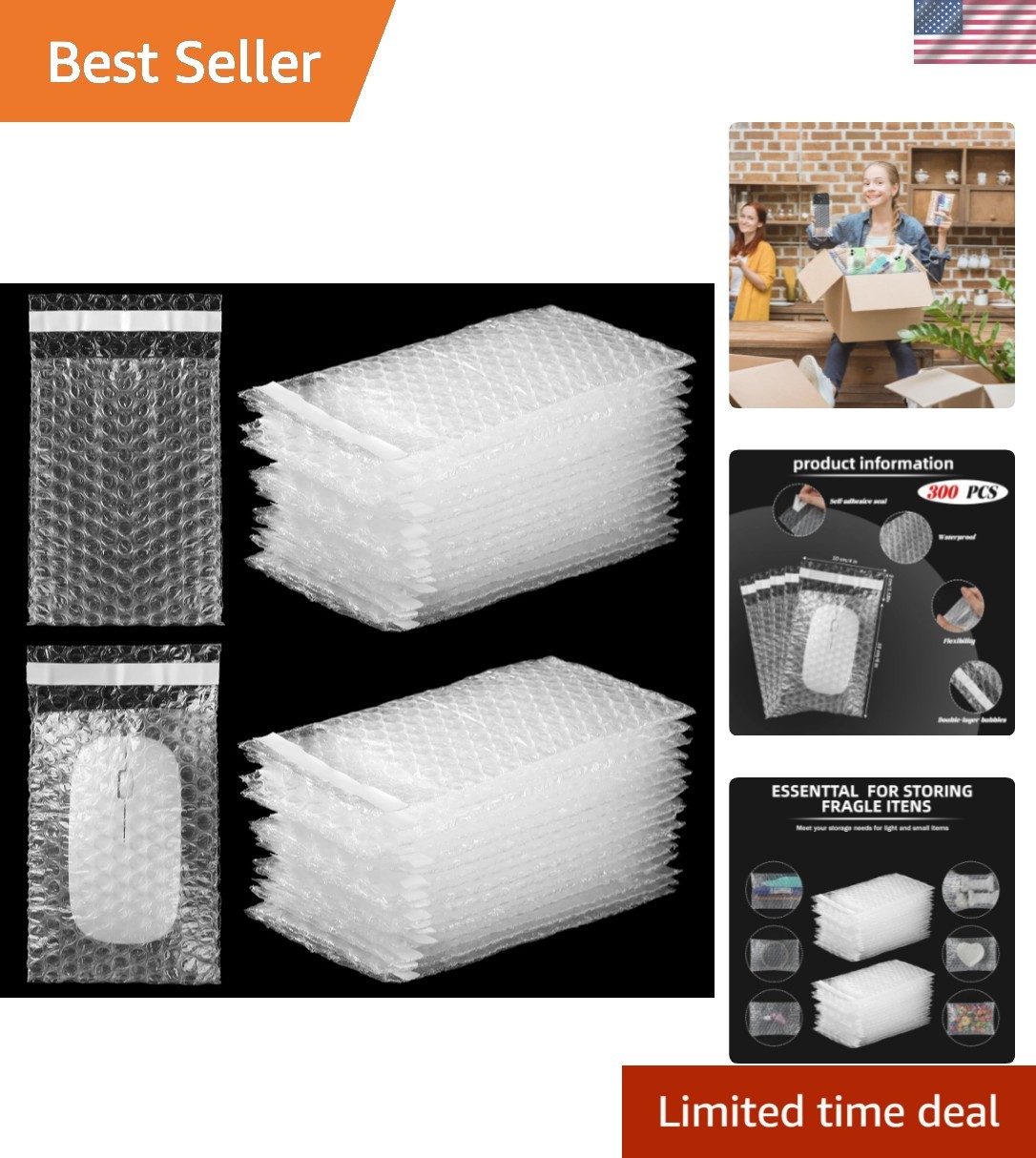 300 Pcs Clear Self Sealing Bubble Cushion Bags Double Wall Bubble Pouch Bag P…
