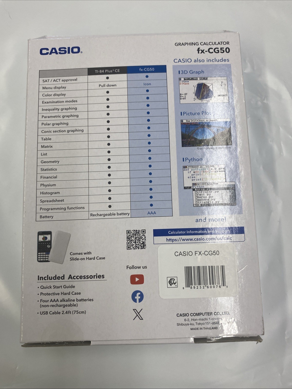 Casio FX-CG50 High-Resolution Python 3D Color Graphing Calculator – Black New