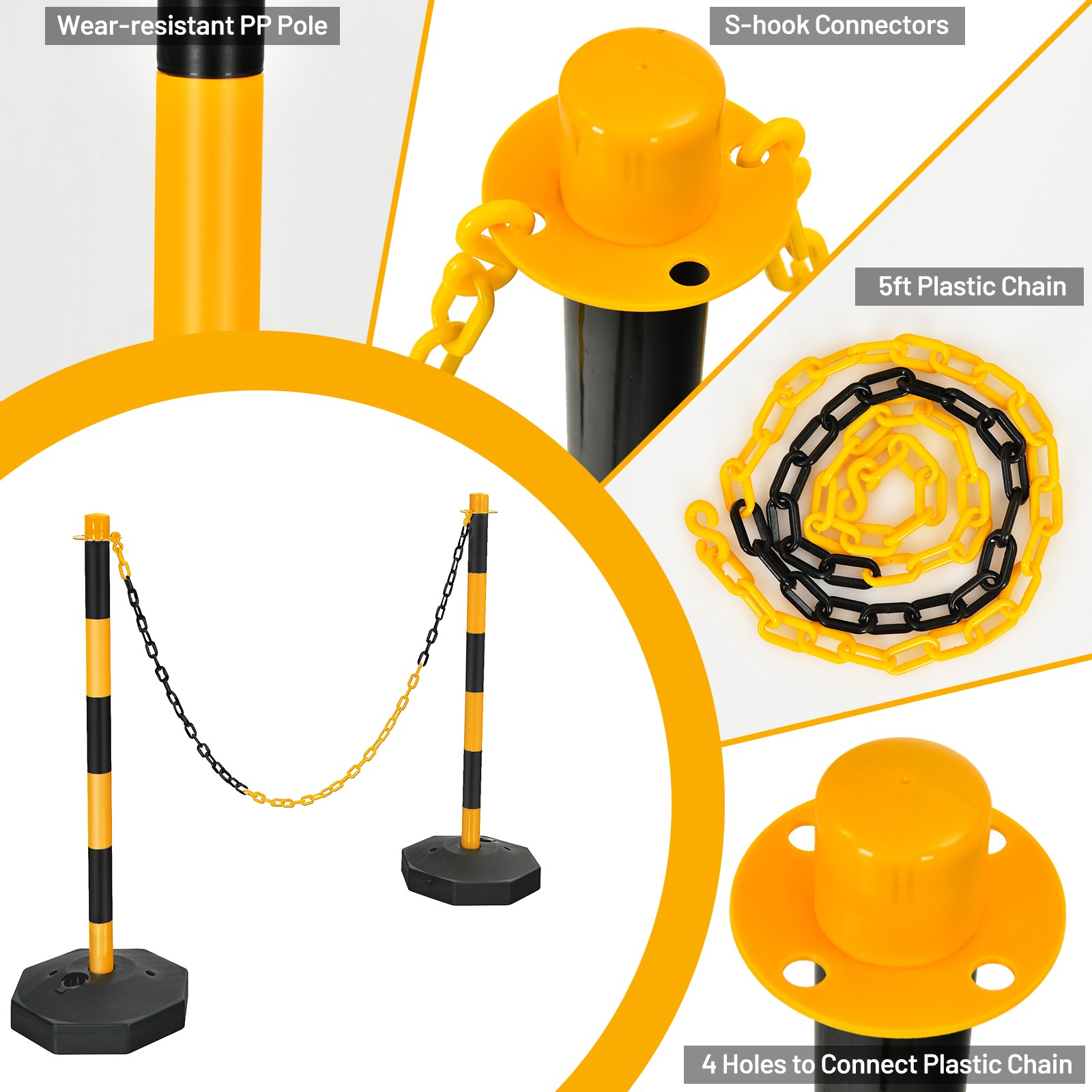 Costway 6 Pack Traffic Delineator Poles 34″ Barrier w/5FT Chains & Fillable Base