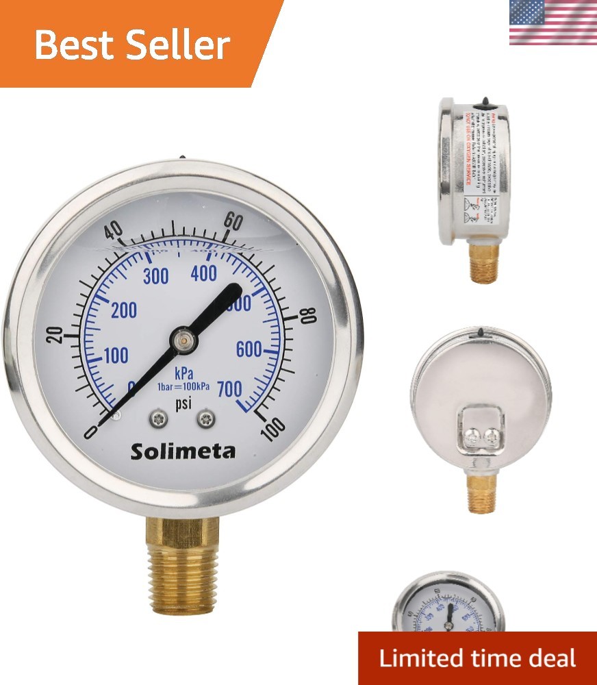 0-100 PSI Water Gas Pressure Gauge, 2-1/2’’ Dial, 304 Stainless Steel, 1/4’’ NPT