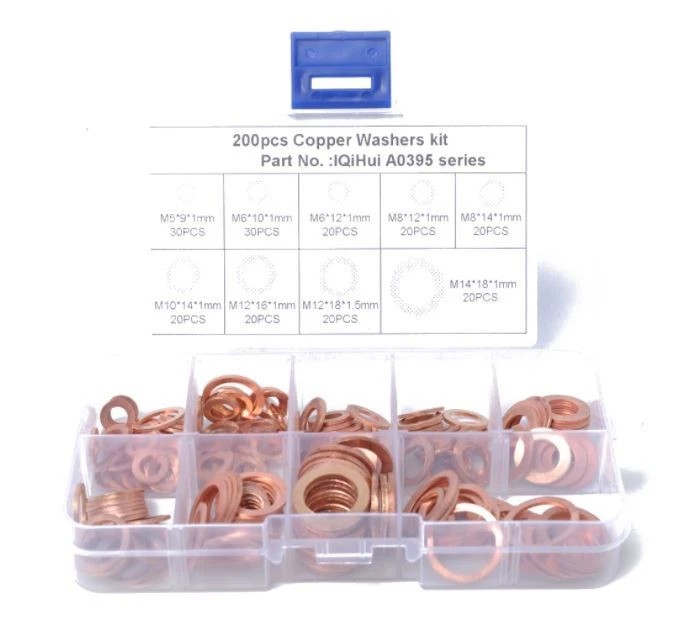200PCS Assorted Crush Copper Gasket Seal Ring Hardware Set Metal Flat Washer