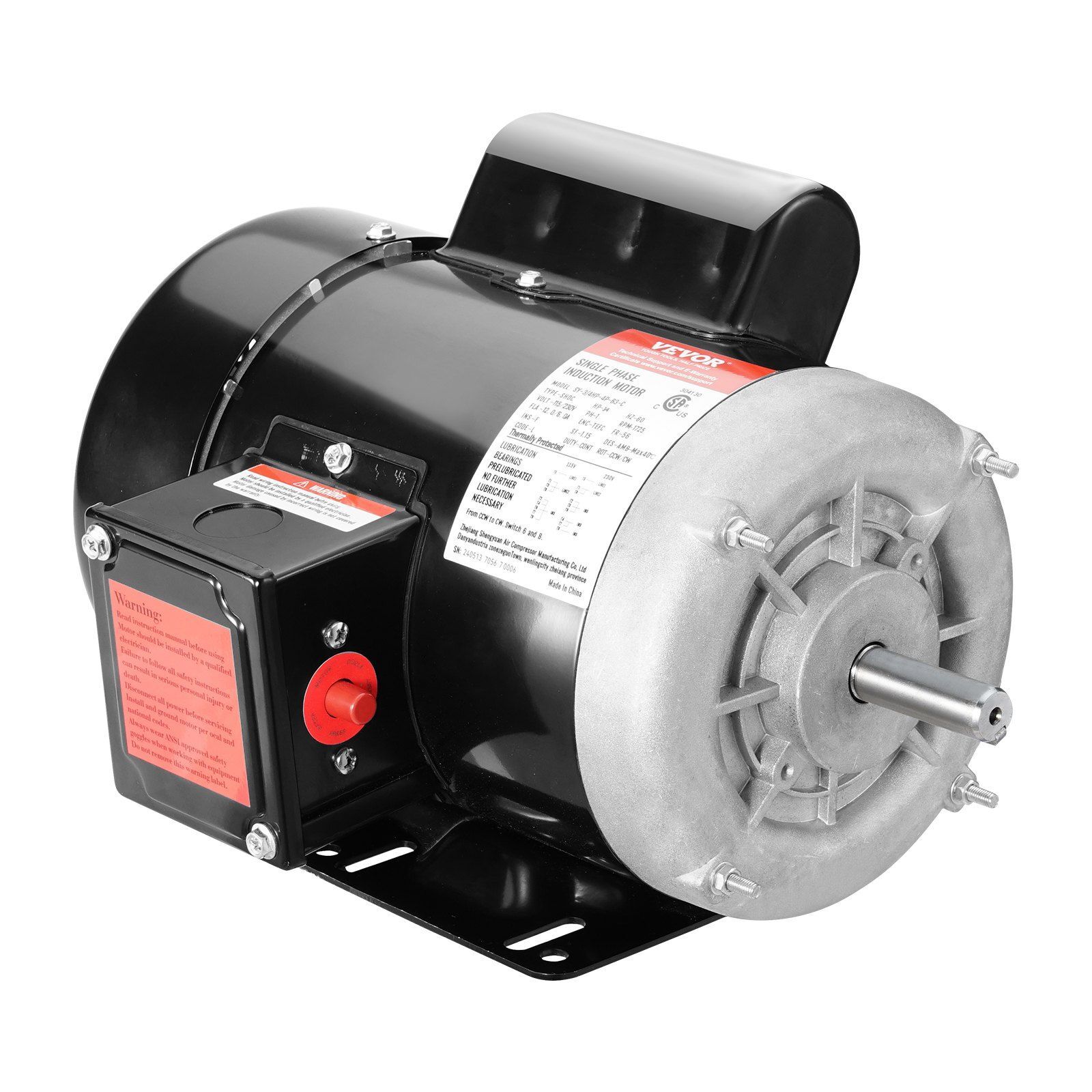 0.75HP Electric Motor 1725 RPM AC 115V/230V 56 Frame 5/8″ Keyed Shaft