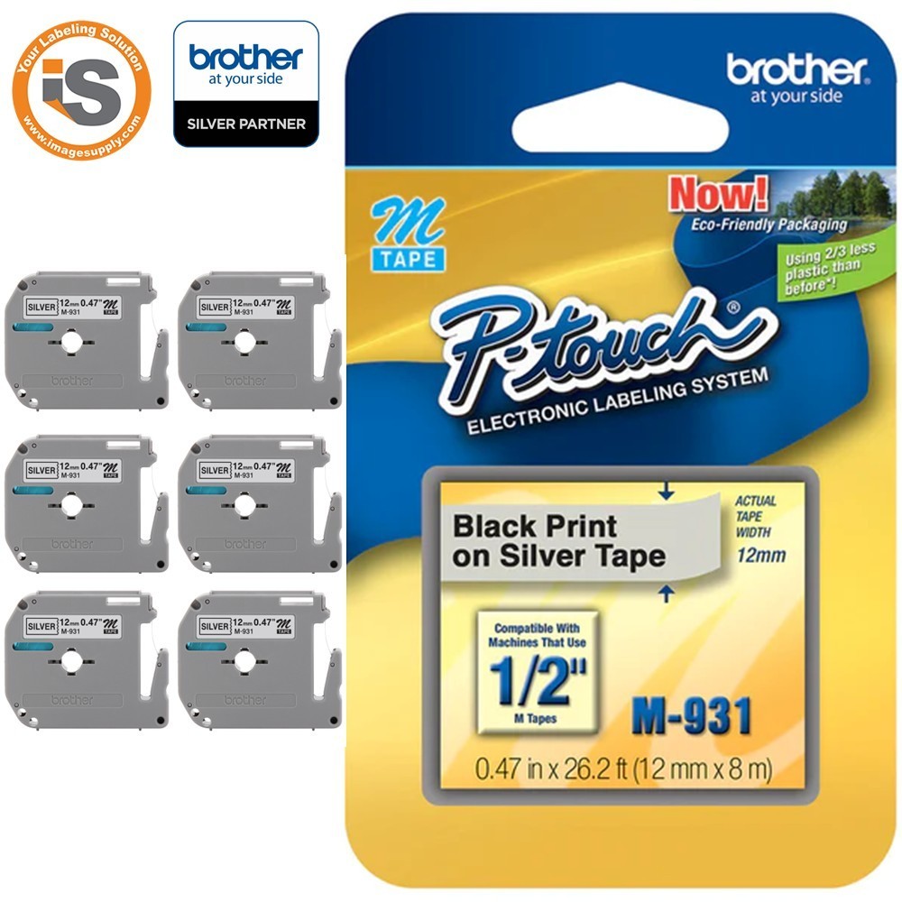 Genuine Brother M-931 Black on Silver 1/2″ (12mm) P-Touch Label Tape **6-PACk**