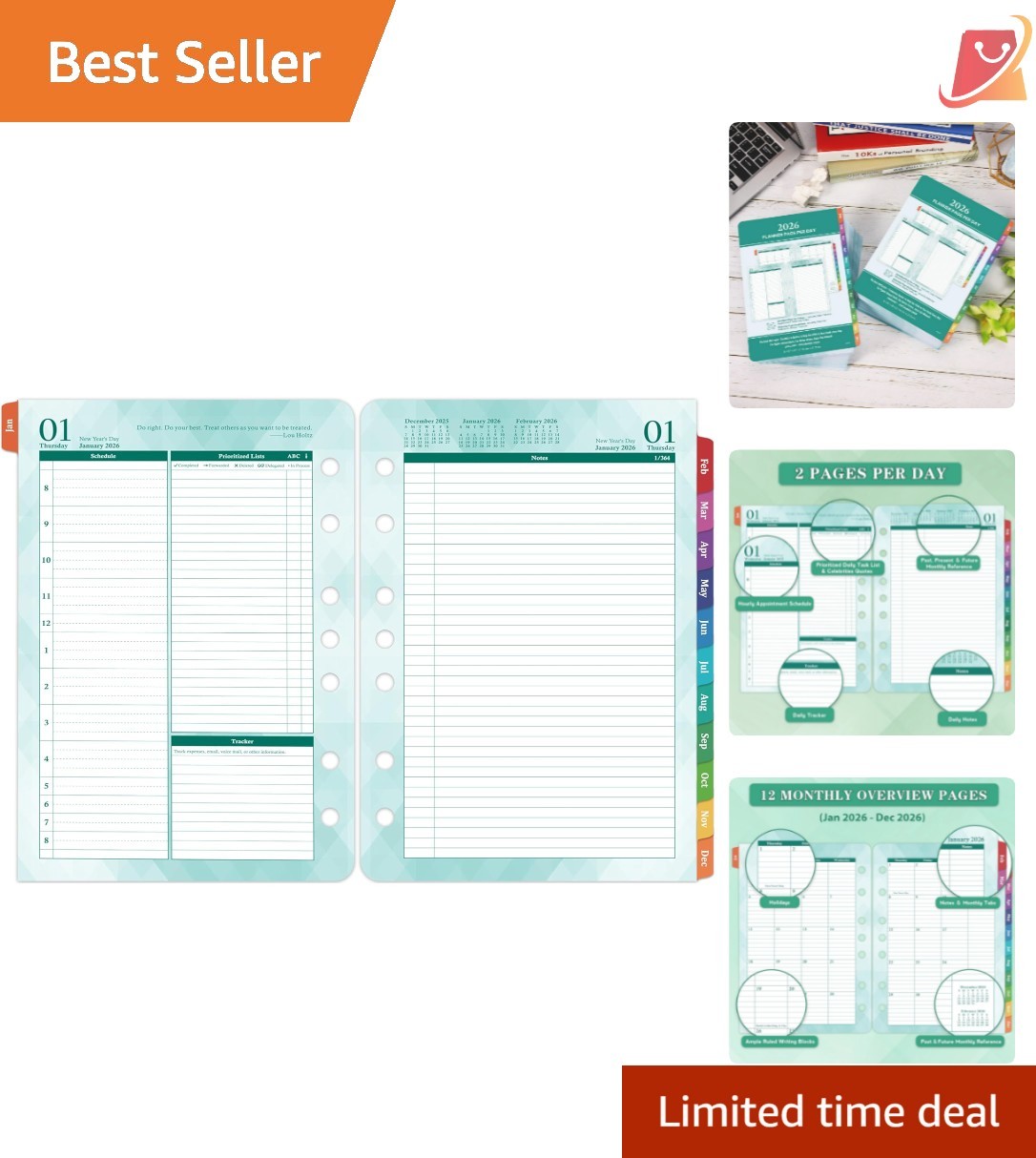 2026 Planner Refills Daily & Monthly Organizer 5.5×8.4 Green Tasks Quotes
