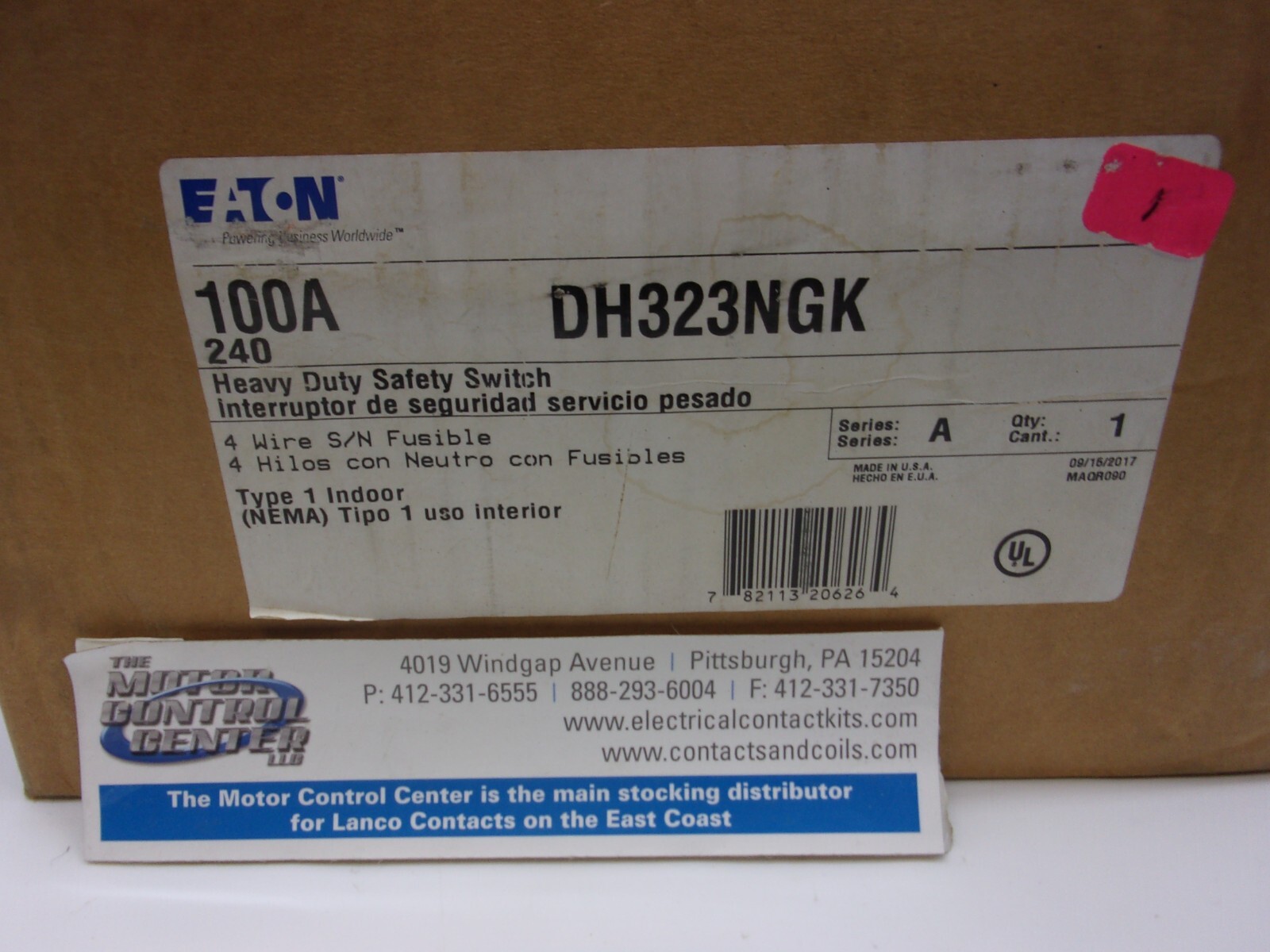 DH323NGK-EATON-HEAVY DUTY SAFETY SWITCH-100A,4 WIRE,FUSIBLE,3P,240V,NEMA1 INDOOR