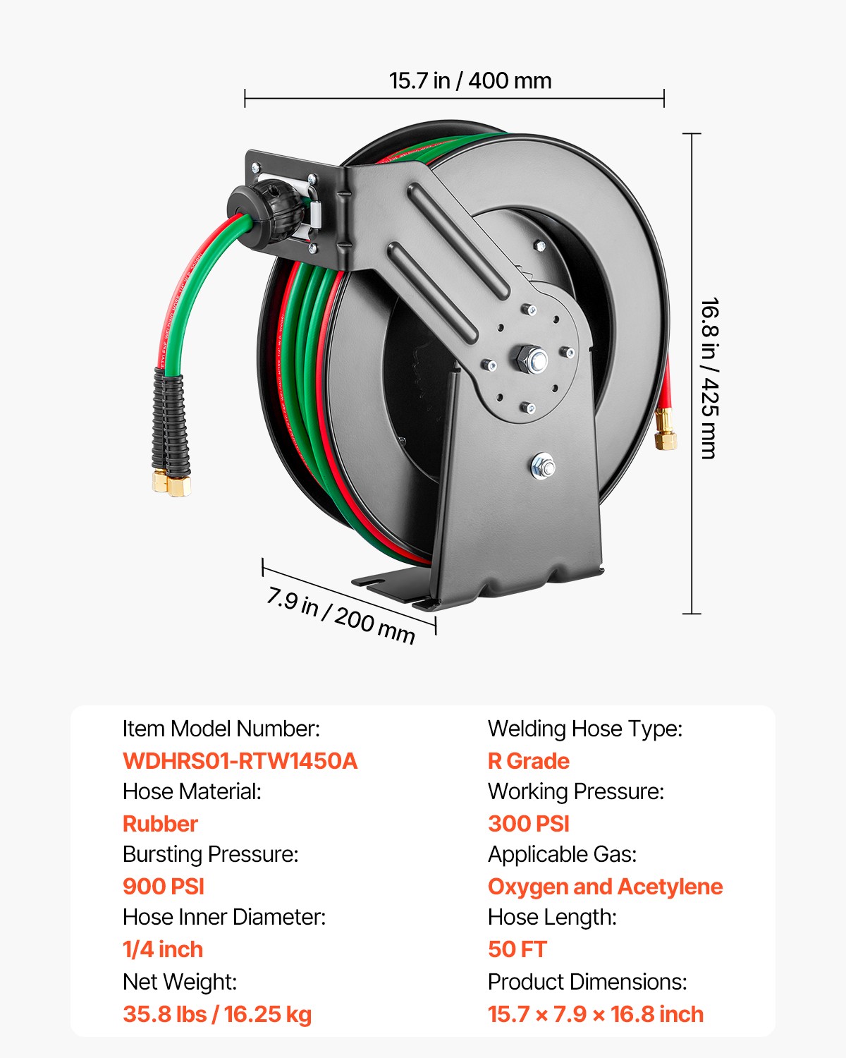 VEVOR Retractable Welding Hose Reel 1/4 in x 50FT Oxygen Acetylene Rubber Hose