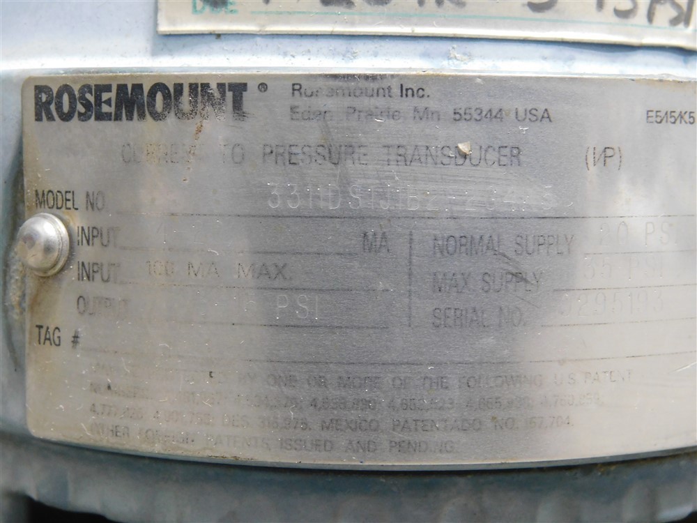 USED Rosemount 3311DS1JTB2F2G4K5 Current to Pressure Transducer 4-20mA 100MA Max