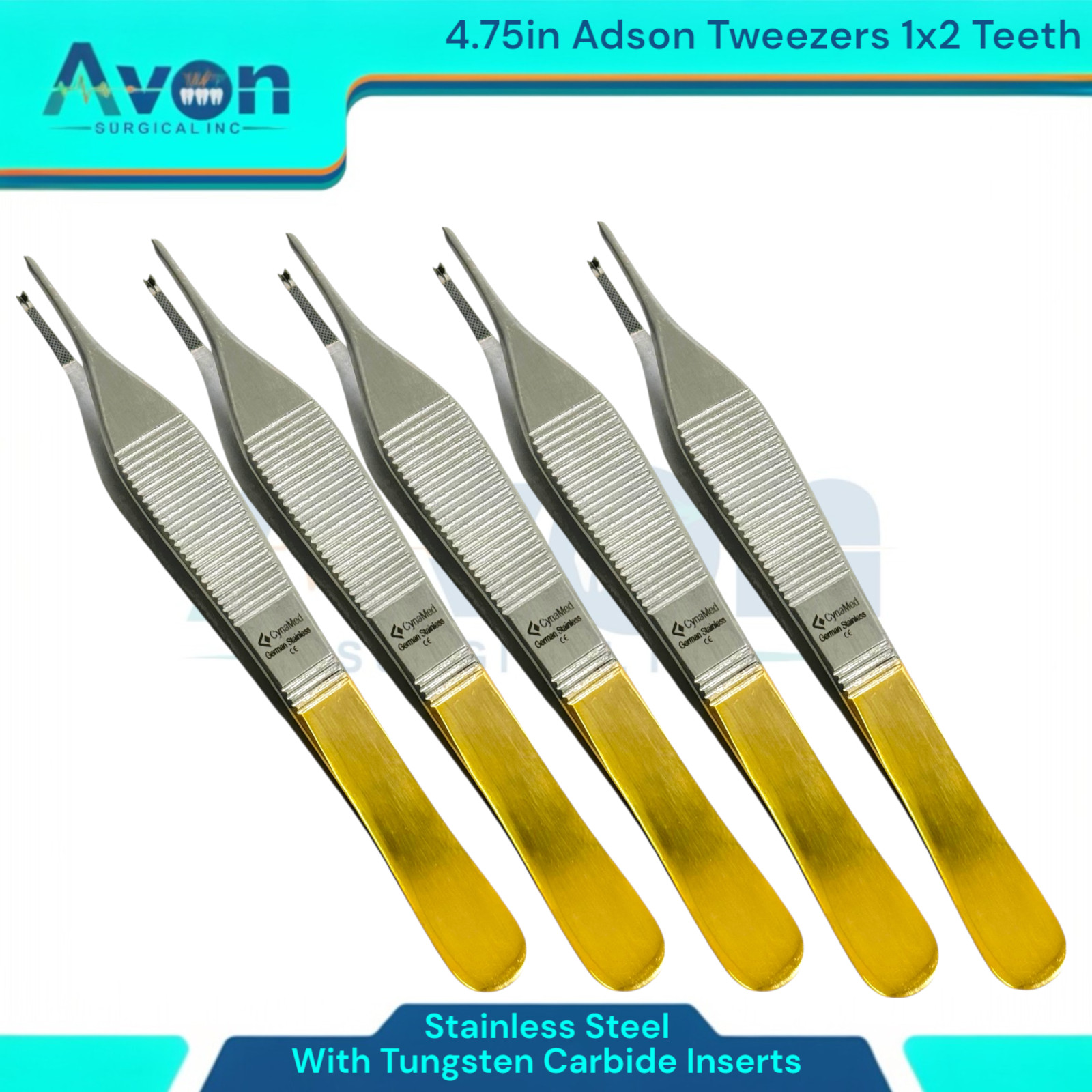 Gold Handle 1×2 Teeth Adson Tissue Forceps, 4.75in, w/ TC Inserts – German Steel