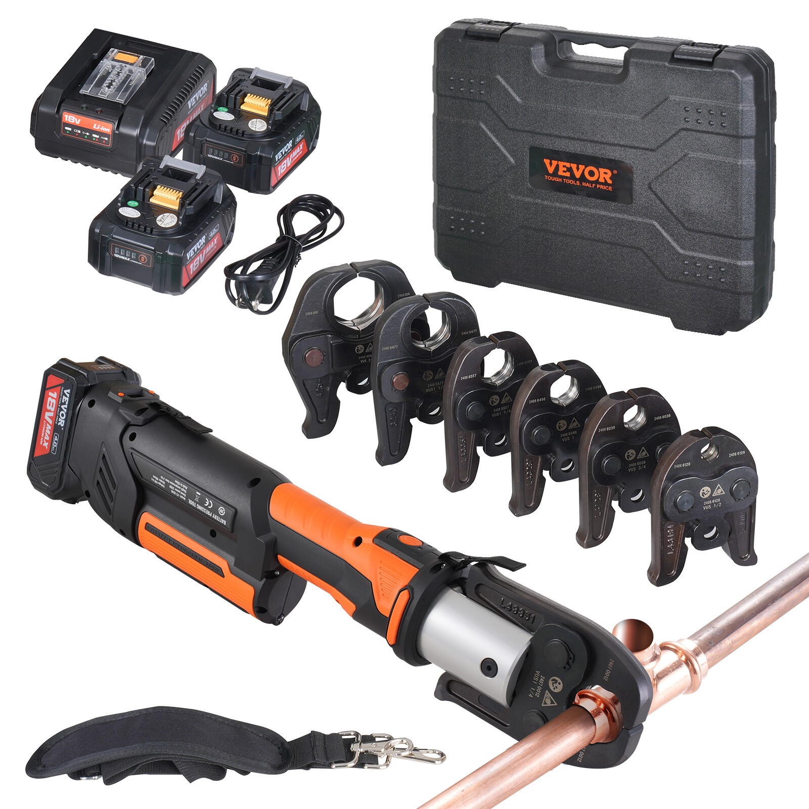 VEVOR 1/2″-2″ Pro Press Tool Pipe Crimping Kit with 6 Jaws DC18V PZ-3240