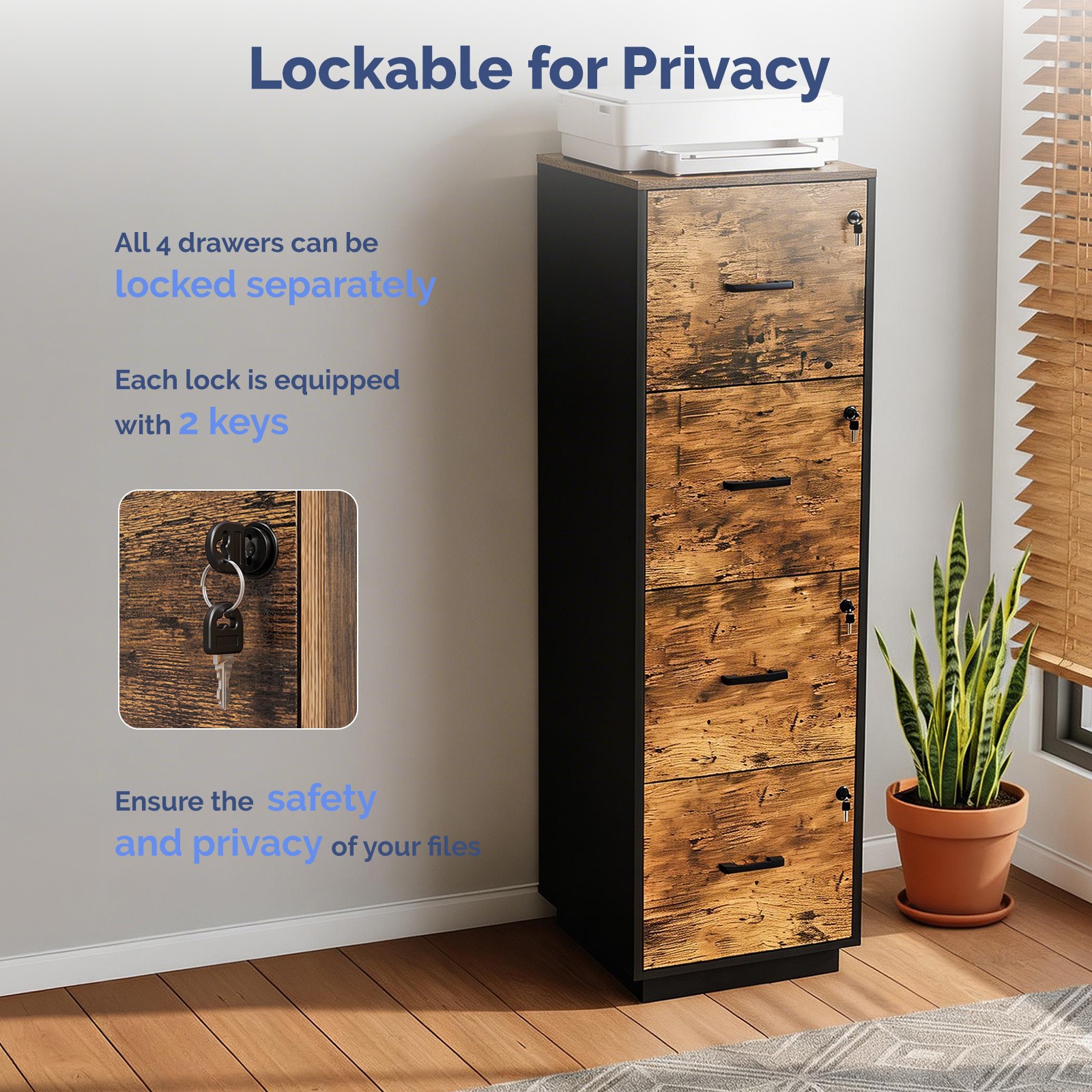 4-Drawer Tall File Cabinet with Independent Locks, Letter-Size Hanging Anti-Tip