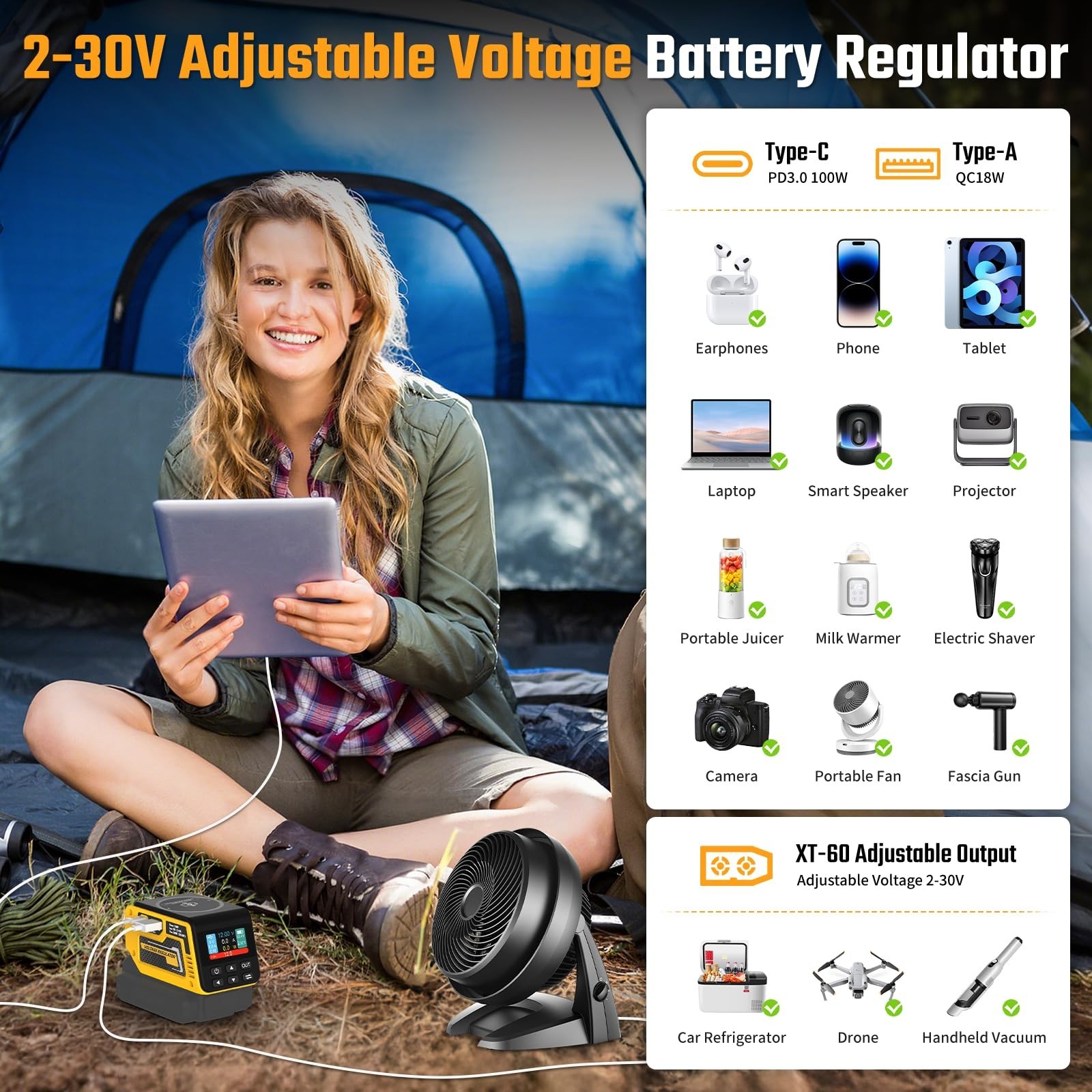 300W DC 2-30V Adjustable Voltage Regulator Compatible with Dewalt 20V Battery
