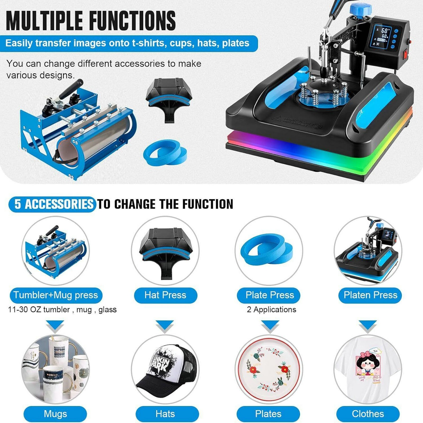 15″x15″ 5 in 1 Heat Press Machine Transfer Sublimation T-Shirt Mug Hat Plate