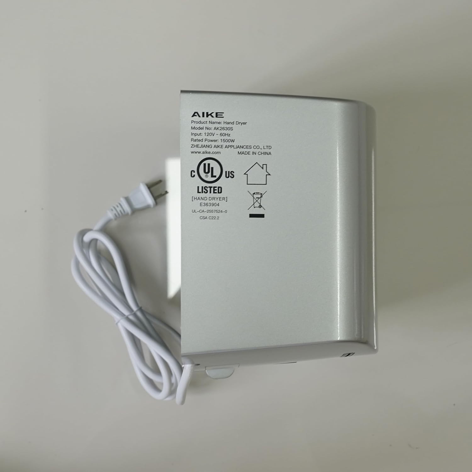 AIKE AK2630 Compact Hand Dryer 1400W – 110V Silver Air Wiper, 2-Pin Plug