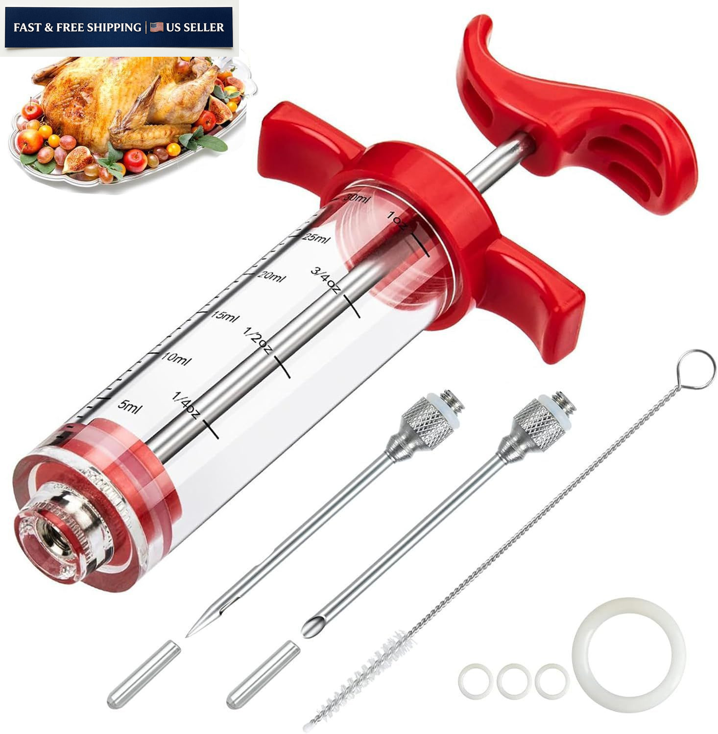 Meat Injector Syringe, 1-oz Plastic Marinade Turkey 1OZ Large, Red