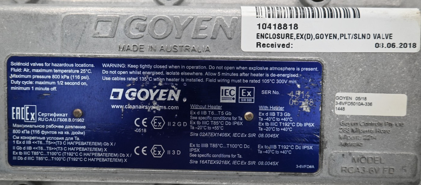 GOYEN RCA3-6V FD 5 SOLENOID VALVE 3-6VFD5010A-336 HAZARDOUS LOCATIONS ENCLOSURE