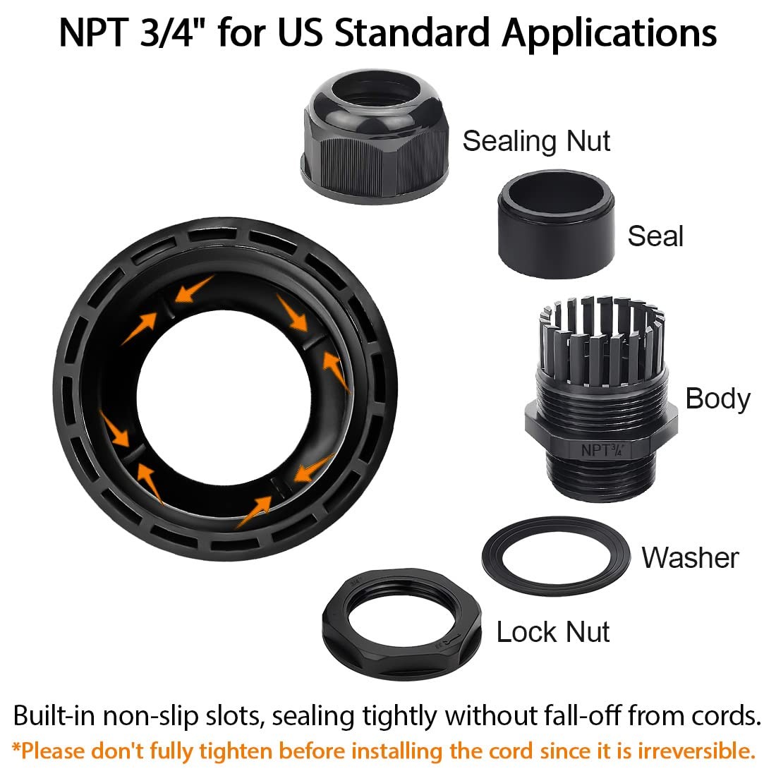 Black NPT 3/4 Inch Waterproof Adjustable Nylon Cable Gland Joints 20 Pack