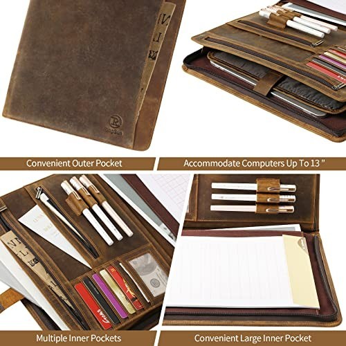 Leather Portfolio Organizer with Zipper 10×13 Inches Padfolio Business Notebook
