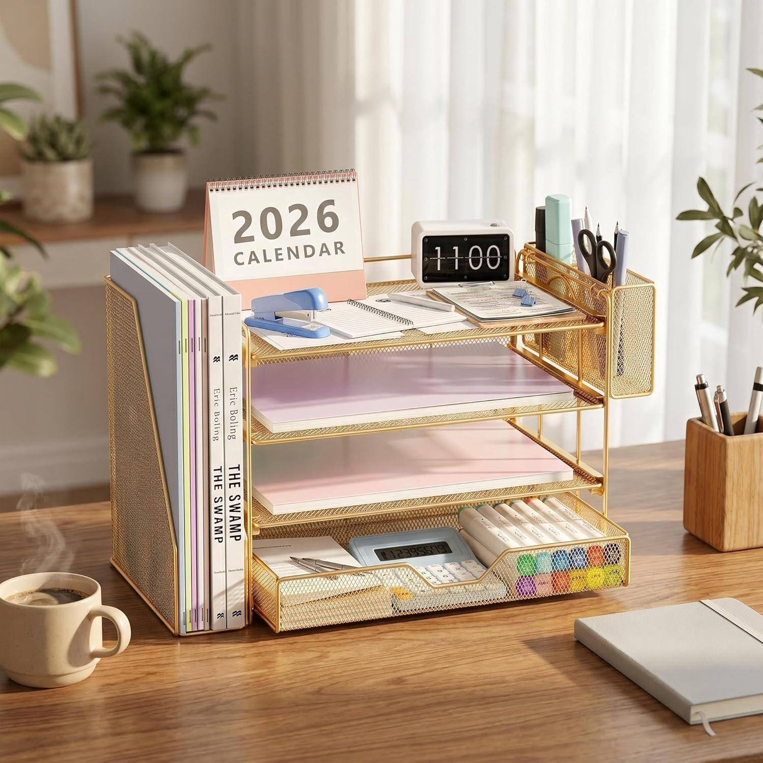 Desk Organizers and Accessories, 4-Tier Desktop File Organizer with Drawer and P