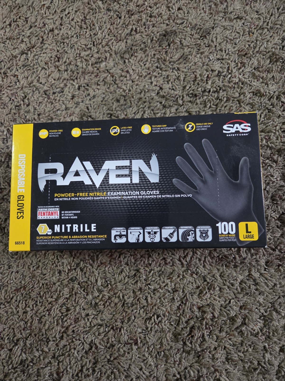 SAS Safety 66518 Raven Disposable Black Nitrile Gloves, Large – 100 Per Box