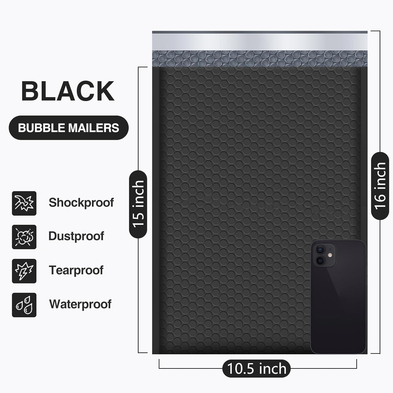 Bubble Mailers 10.5X16 Inch Black 25 Pack Poly Padded Envelopes Large #5 Mailing