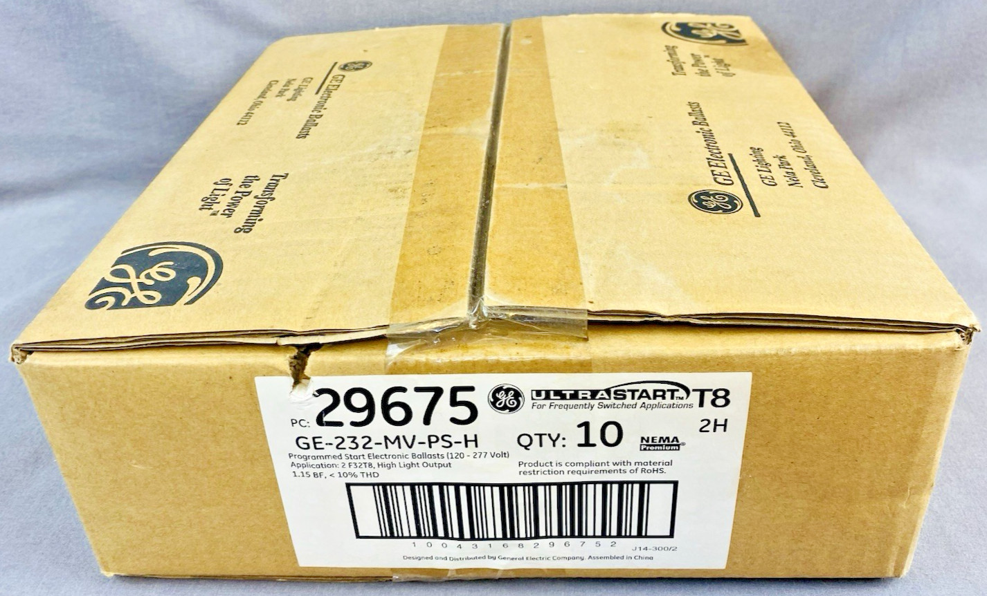 NEW BOX OF 10 GE 29675 GE-232-MV-PS-H Electronic Ballasts; 2 Lamp, T8, 120-277V