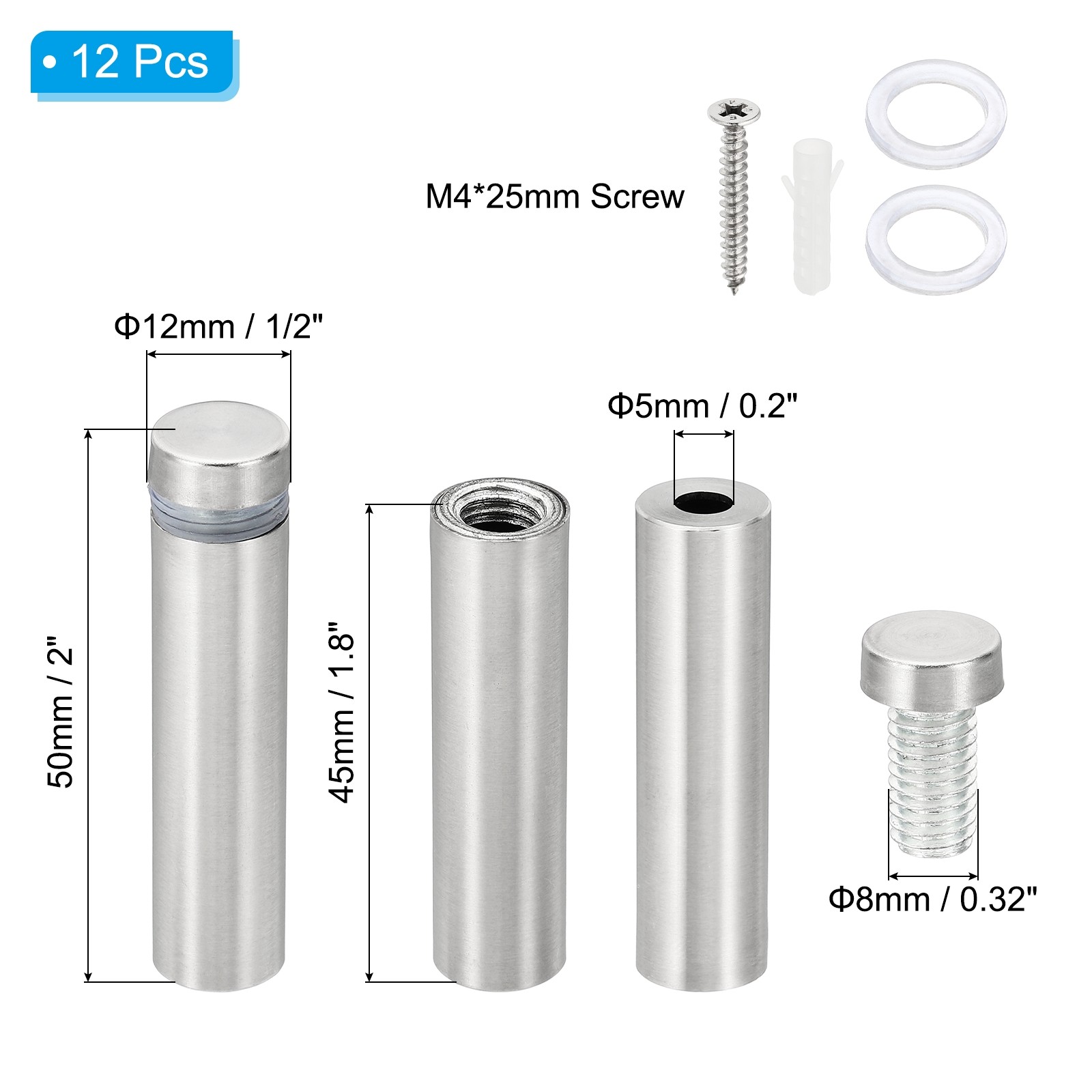 1/2 x 2 Inch Sign Standoff Screws 12 Set Stainless Steel for Crafts Silver