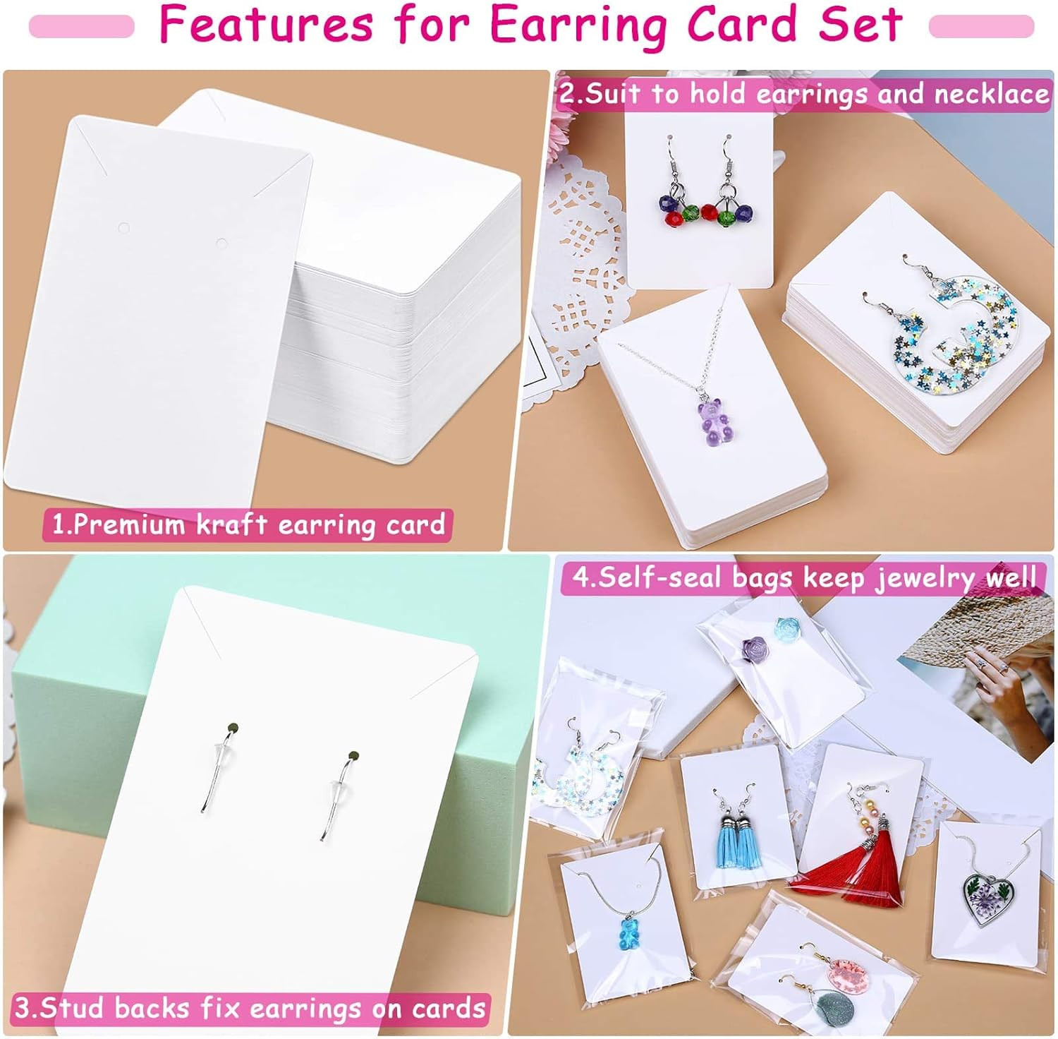 White Earring Packaging Kit – 400 Pcs with Display Cards, Self-Sealing Bags, Ear