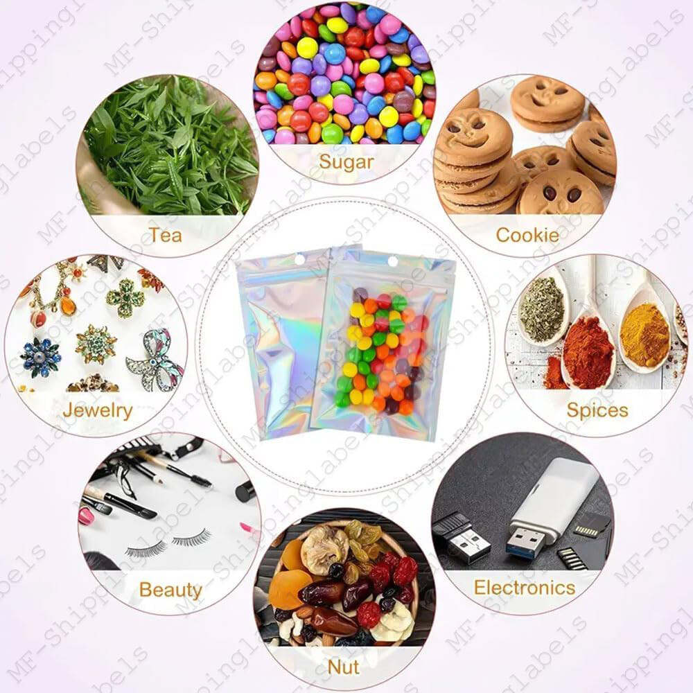 Smell Proof Mylar Holographic Bags Foil Pouch Resealable Clear Zip Food Storage