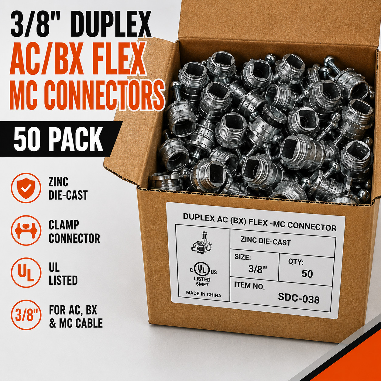 50 Pack 3/8″ Duplex AC BX Flex MC Connectors Zinc Die-Cast