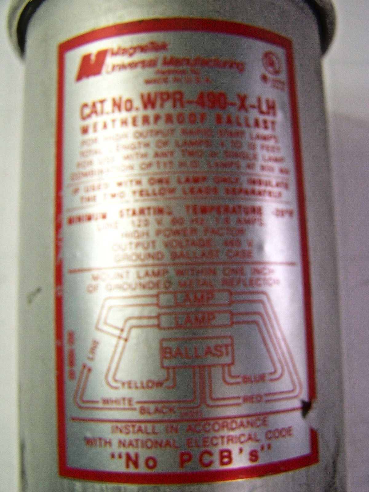 New Magnetek Weatherproof Ballast 120 VAC 1.6 Amps WPR-490-X-LH